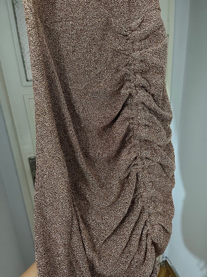 Drapeli Kahverengi Midi Abiye Elbise - Görsel 3