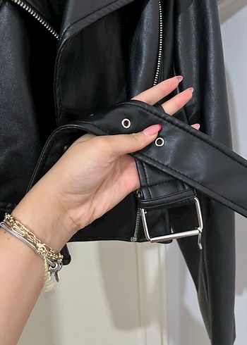 Kadın Siyah Deri Biker Ceket - Görsel 3