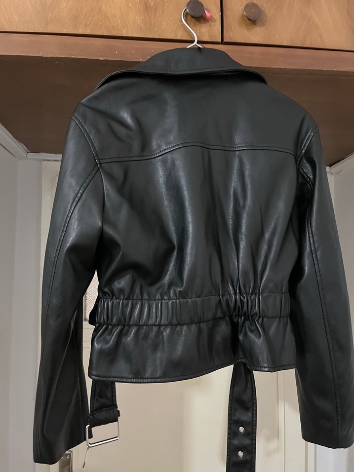 Kadın Siyah Deri Biker Ceket - Görsel 2