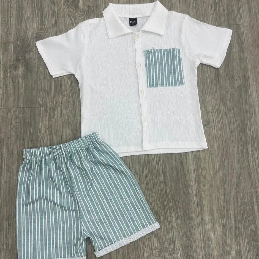 Düğmeli Kısa Kollu Erkek Bebek Bürümcük Takım - Görsel 2