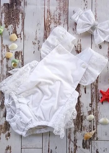 Nakışlı güpürlü romper tulum ve bandana set - Görsel 4