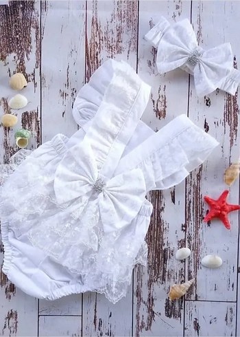 Nakışlı güpürlü romper tulum ve bandana set - Görsel 3