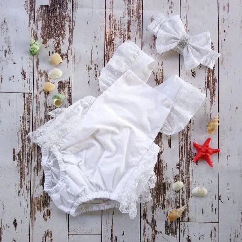 Nakışlı güpürlü romper tulum ve bandana set - Görsel 4