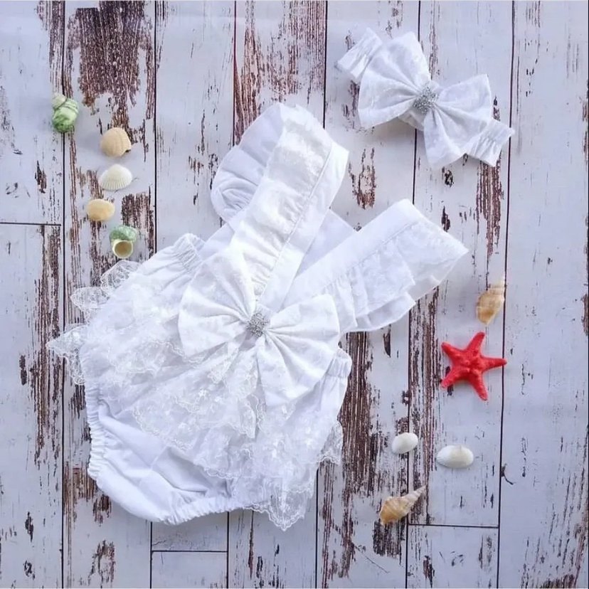 Nakışlı güpürlü romper tulum ve bandana set - Görsel 3