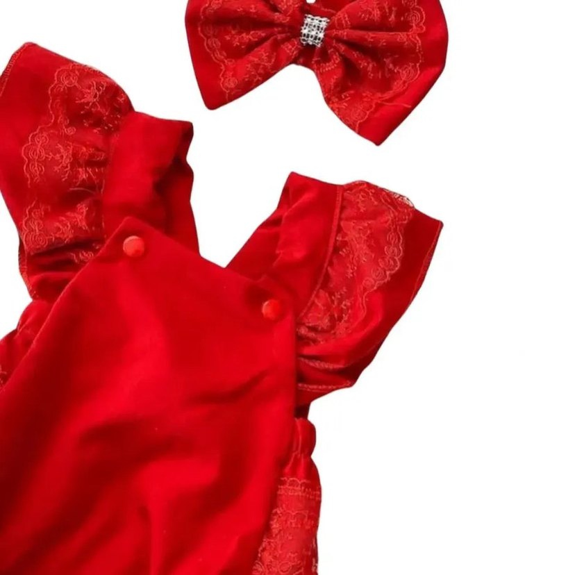 Nakışlı güpürlü romper tulum ve bandana set - Görsel 2