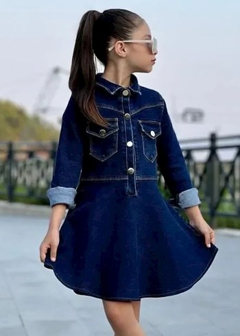 Kız Çocuk Mavi Kısa Denim Ceket Elbise