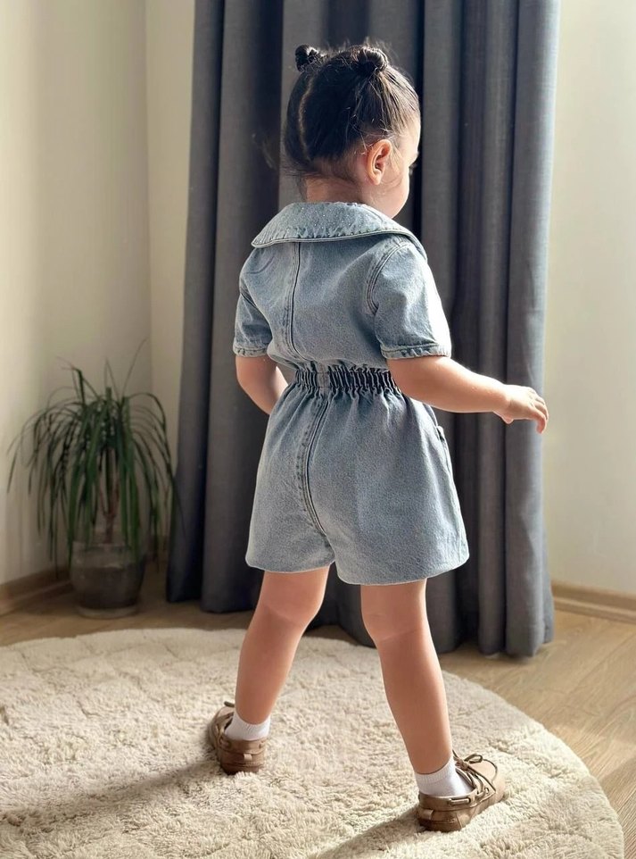 Kız Çocuk Denim Düğmeli Kısa Kollu Tulum - Görsel 2