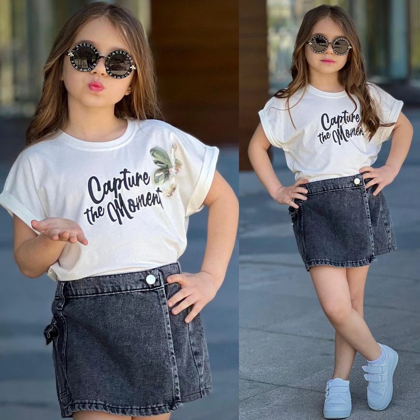 Payet Detaylı Beyaz Batik Desenli Kız Kot Etek Takım - Görsel 2