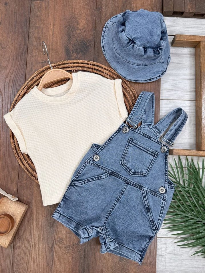 Mavi Denim Kısa Tulum 3lü Set - Görsel 3