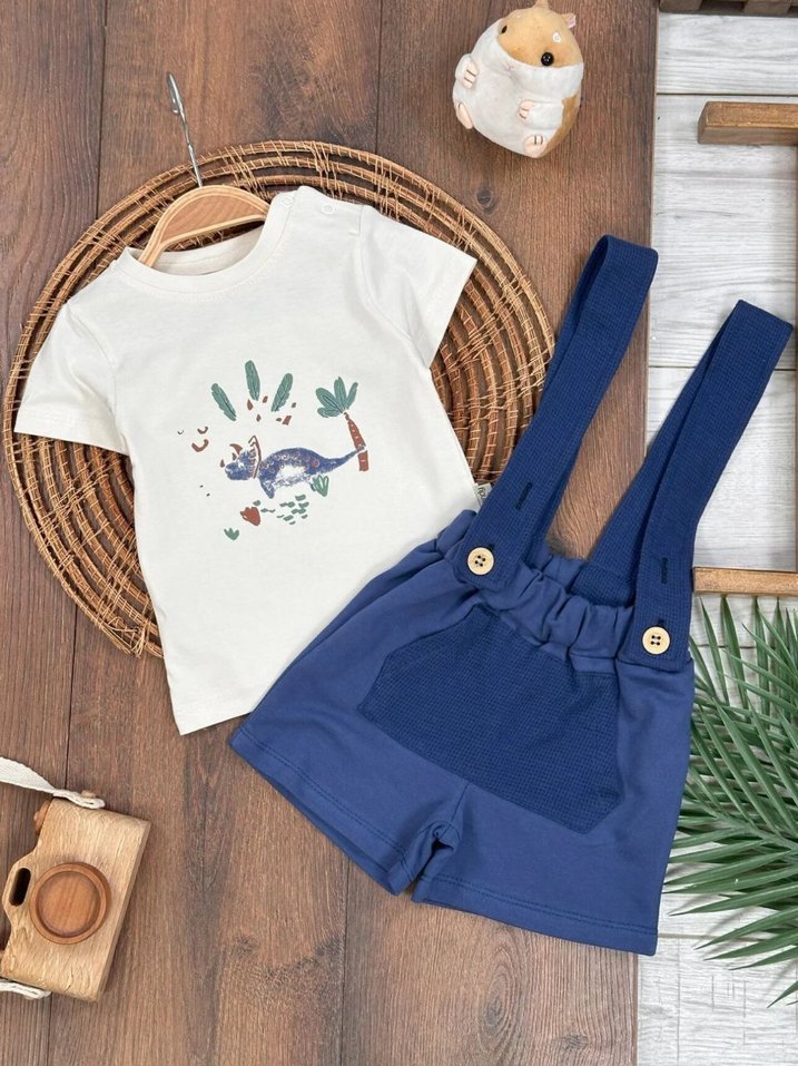 Mavi Kısa Kollu Erkek Bebek Tulum 2li Takım - Görsel 2