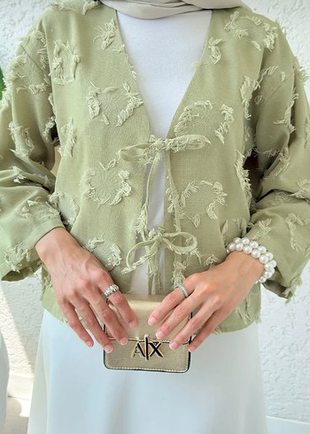 m Beden Nakışlı Bohem Mini Kimono haki