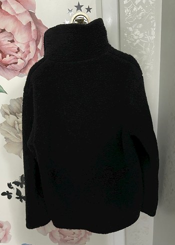 Siyah Peluş Kadın Ceket, Fermuarlı, Yüksek Yakalı - Görsel 2