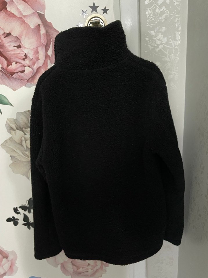 Siyah Peluş Kadın Ceket, Fermuarlı, Yüksek Yakalı - Görsel 2