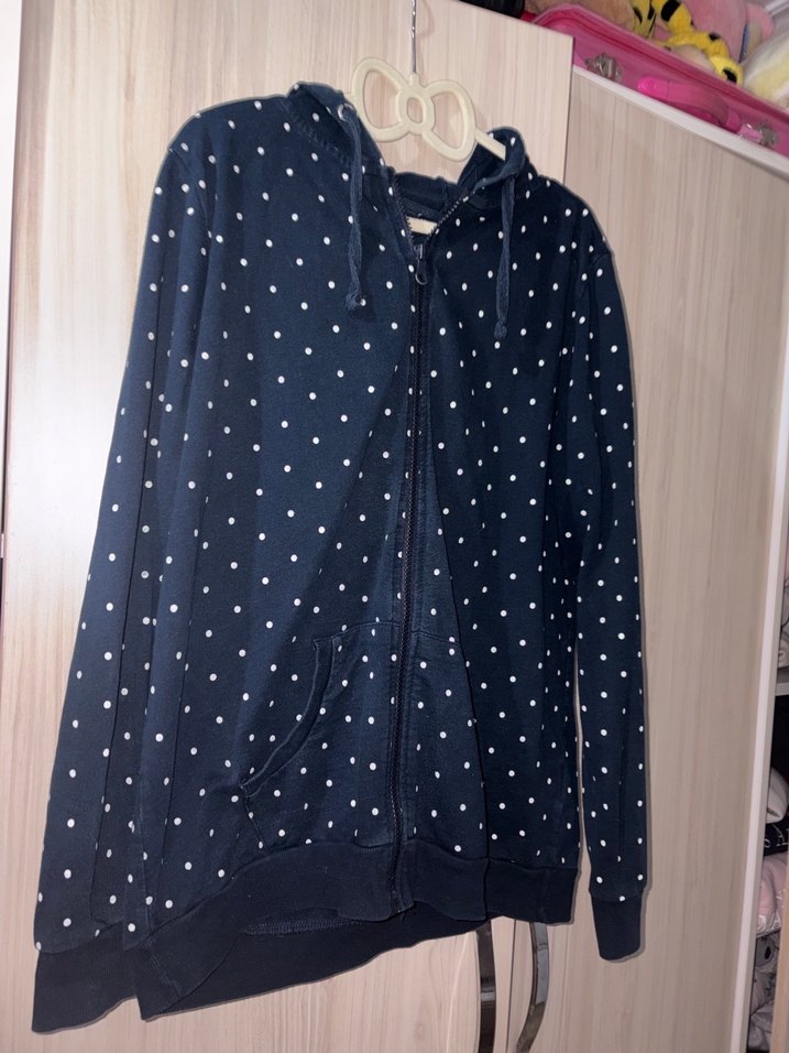 Lacivert Puantiyeli Kapüşonlu Kadın Mont - Görsel 2