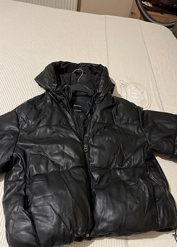 m Beden Siyah Deri Kapüşonlu Kadın mont