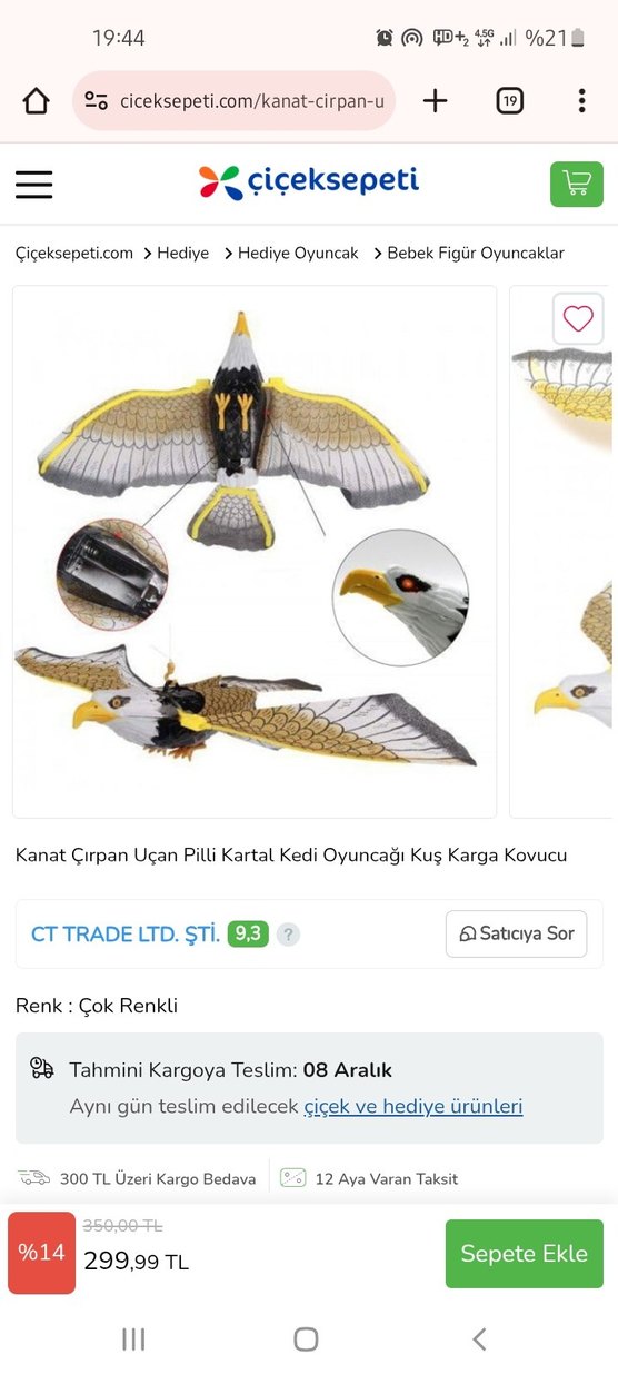 Kanat Çırpan Uçan Pilli Kartal Kedi Oyuncağı - Görsel 2