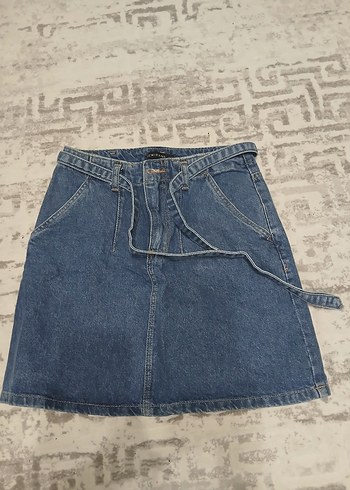 Kemerli Mavi Denim Mini Etek