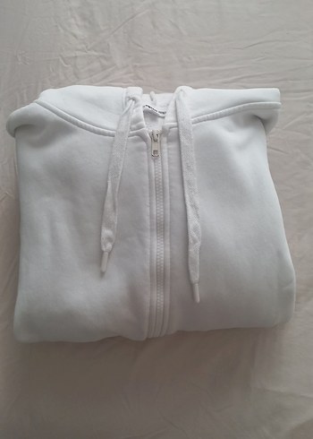 34 Beden beyaz Renk Koton Kadın Gri Kapüşonlu Fermuarlı Sweatshirt