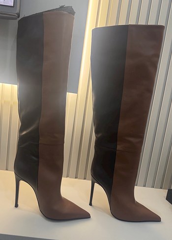 Kahverengi Deri İnce Topuklu Dizüstü Çizme - Görsel 11