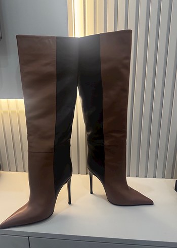 Kahverengi Deri İnce Topuklu Dizüstü Çizme - Görsel 10