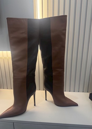 Kahverengi Deri İnce Topuklu Dizüstü Çizme - Görsel 2