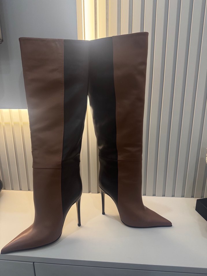 Kahverengi Deri İnce Topuklu Dizüstü Çizme - Görsel 2