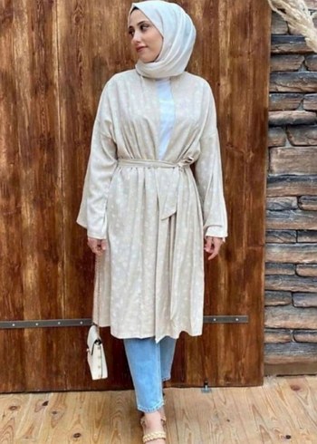 Bej Bağcıklı Uzun Kimono