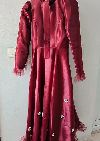 Abiye Bordo Uzun Kollu Nakışlı Kadın Abiye Elbise
