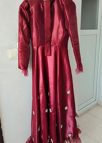 36 Beden Bordo Uzun Kollu Nakışlı Kadın Abiye Elbise