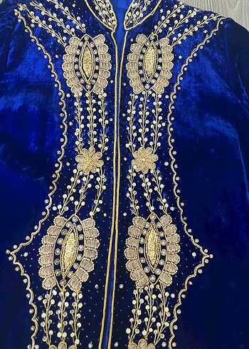 İşlemeli Parlak Mavi KadifeKadın Uzun Kollu Kaftan  ceket - Görsel 4