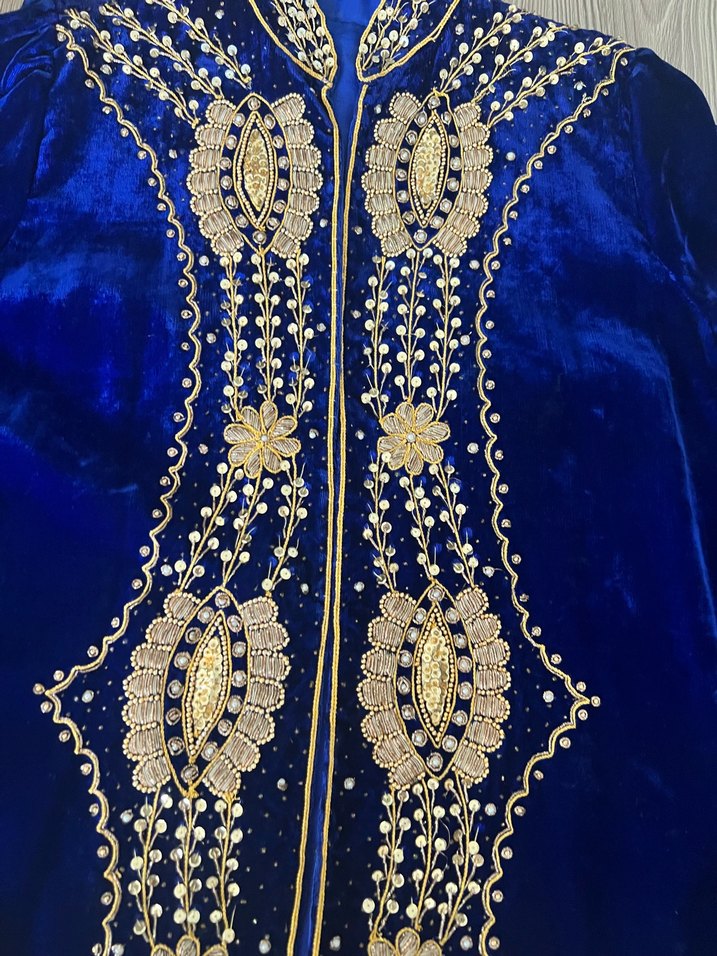 İşlemeli Parlak Mavi KadifeKadın Uzun Kollu Kaftan  ceket - Görsel 4