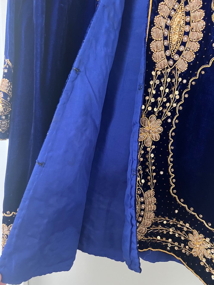 İşlemeli Parlak Mavi KadifeKadın Uzun Kollu Kaftan  ceket - Görsel 5