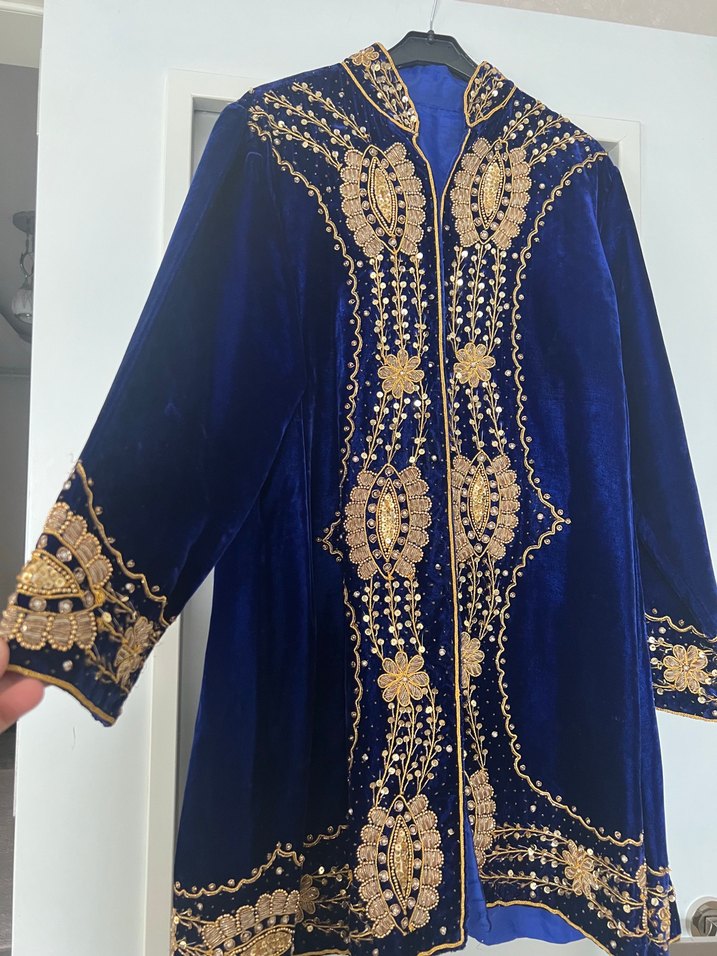 İşlemeli Parlak Mavi KadifeKadın Uzun Kollu Kaftan  ceket - Görsel 2
