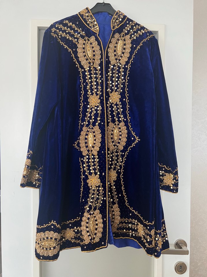 İşlemeli Parlak Mavi KadifeKadın Uzun Kollu Kaftan  ceket - Görsel 3