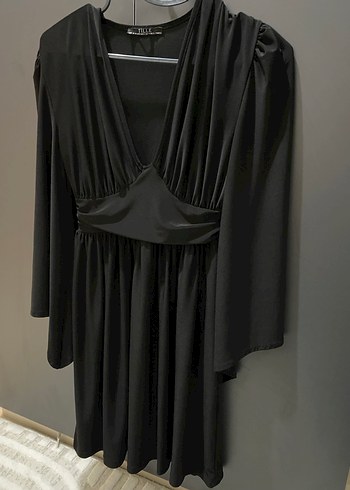 Siyah V Yaka Drapeli Gotik Midi Elbise - Görsel 2