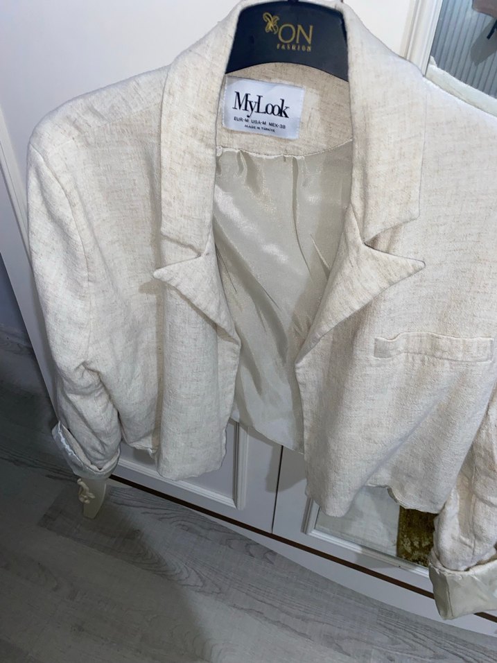 Düğmeli Keten Midi Beyaz Blazer - Görsel 2