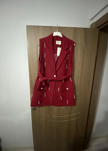 Diğer Bordo Düğmeli Kolsuz Kadın Blazer