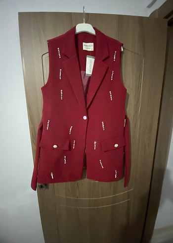 Bordo Düğmeli Kolsuz Kadın Blazer
