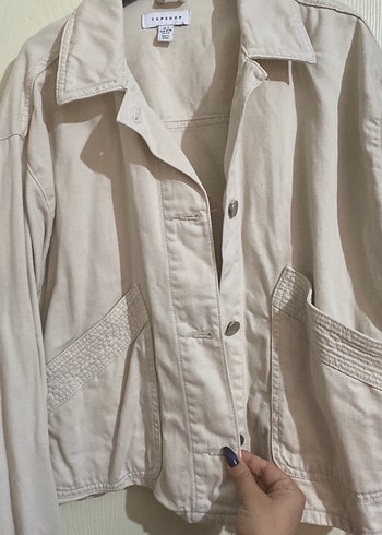 Bej düğmeli keten kadın ceket - Görsel 4