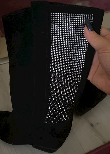 Siyah Süet Payetli Topuklu Gotik Bot - Görsel 4