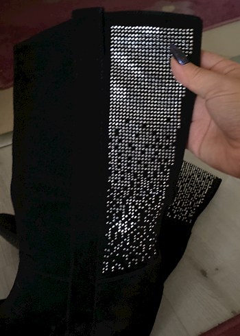 Siyah Süet Payetli Topuklu Gotik Bot - Görsel 5