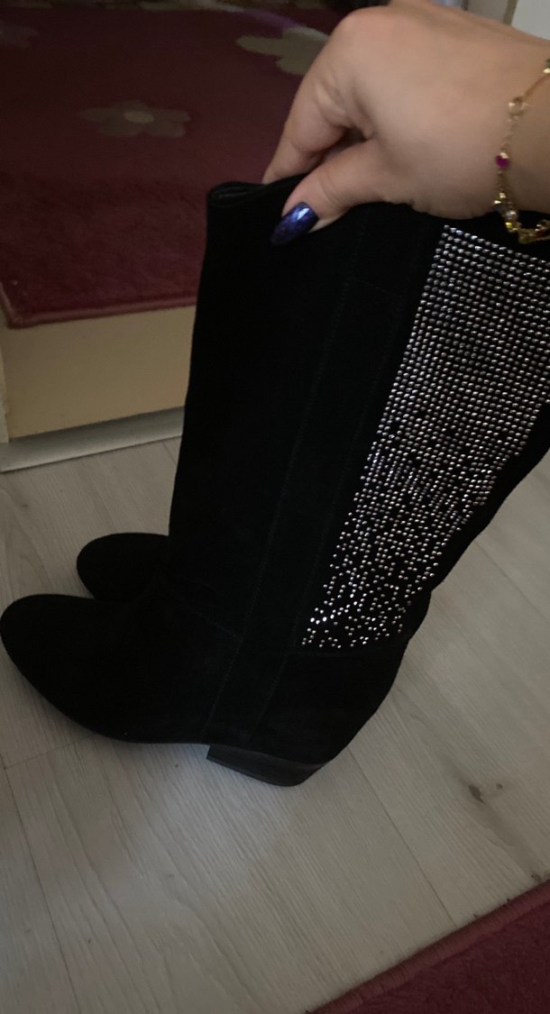 Siyah Süet Payetli Topuklu Gotik Bot - Görsel 2