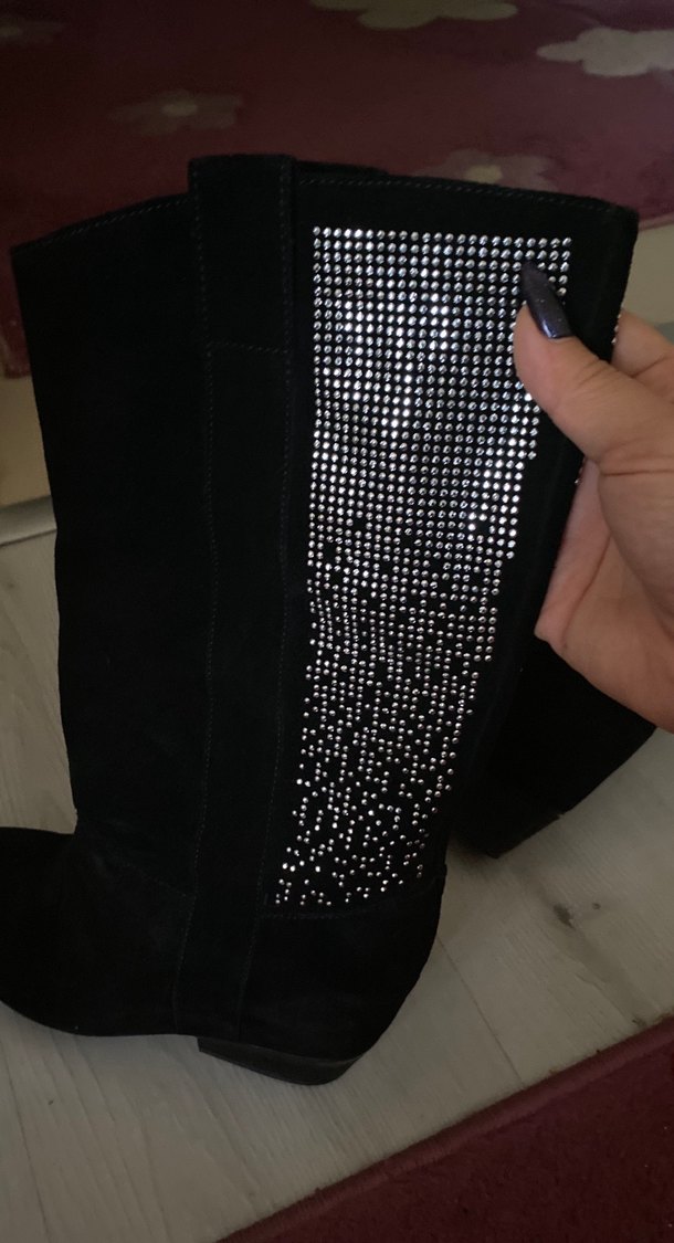 Siyah Süet Payetli Topuklu Gotik Bot - Görsel 4
