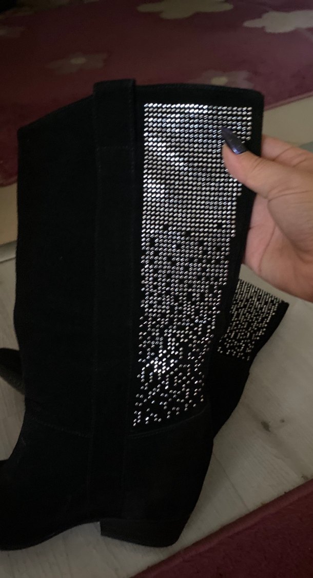 Siyah Süet Payetli Topuklu Gotik Bot - Görsel 5