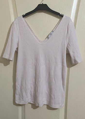 Bej V Yaka Keten Kadın Tişört - Görsel 4