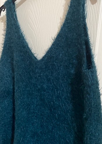 V Yaka Kolsuz Örgü Mavi Mini Kazak - Görsel 3