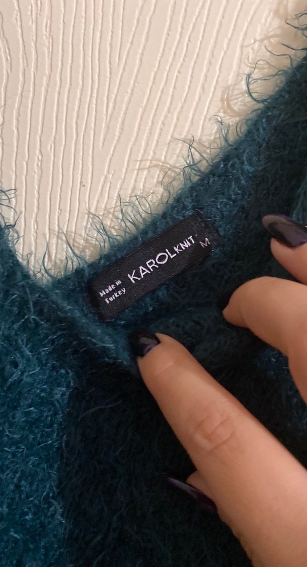 V Yaka Kolsuz Örgü Mavi Mini Kazak - Görsel 4