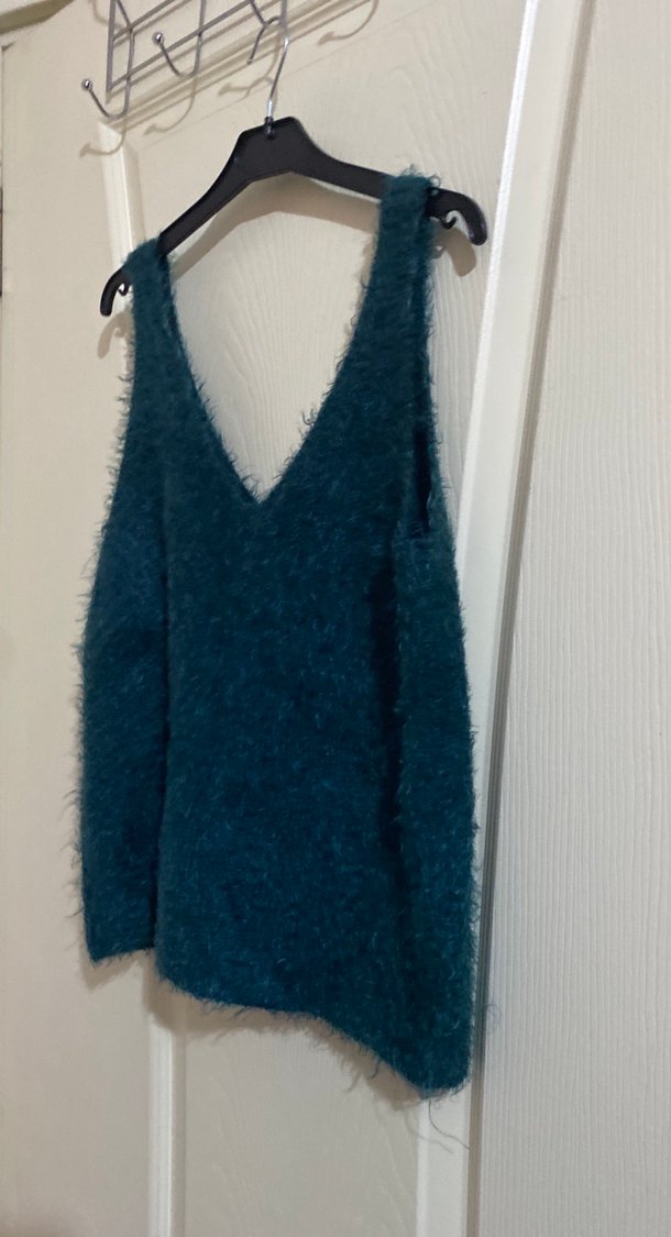 V Yaka Kolsuz Örgü Mavi Mini Kazak - Görsel 2