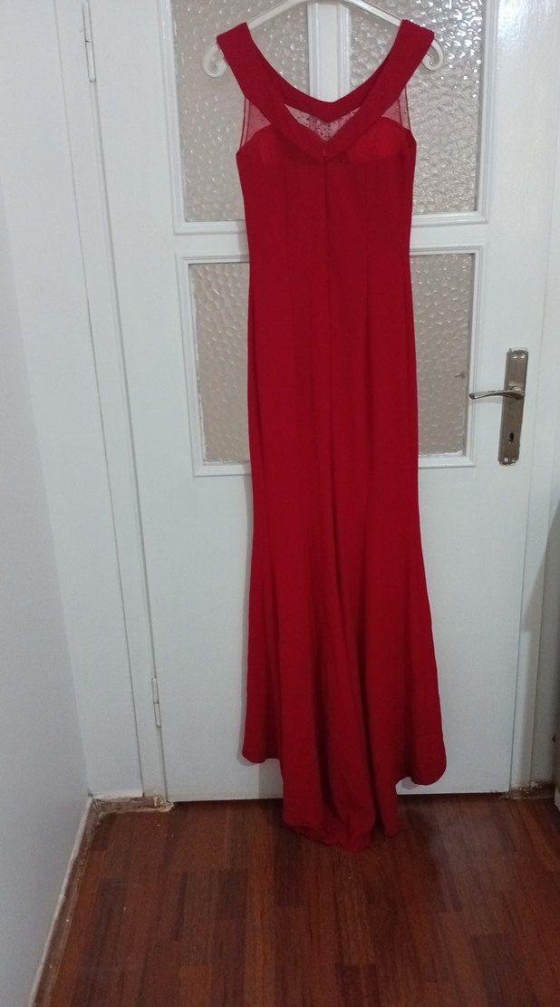 Kırmızı Drapeli Straplez Uzun Abiye Elbise - Görsel 2