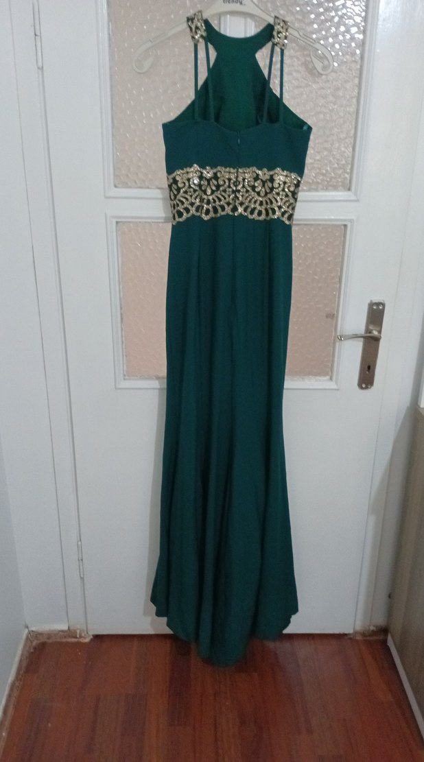 Uzun Turkuaz İşlemeli Straplez Abiye Elbise - Görsel 2